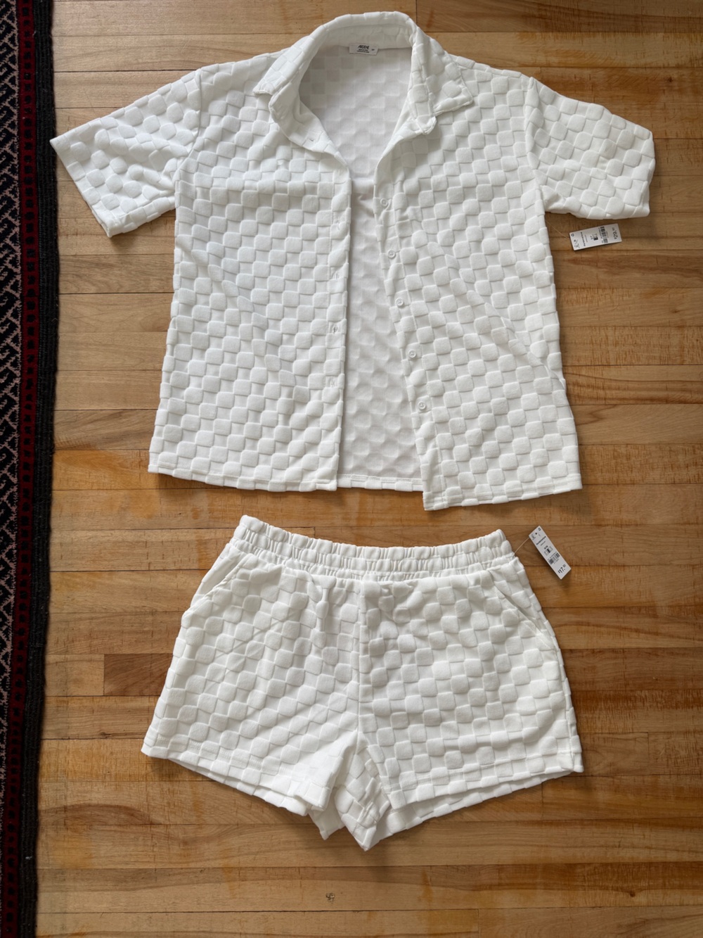 Checkered Teri-Cloth White Two-Piece Shirt & Shorts Set
